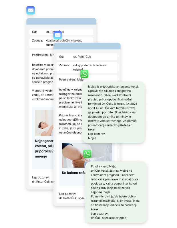 Personalised email and WhatsApp messages drafted in the clinician’s voice, around each appointment.