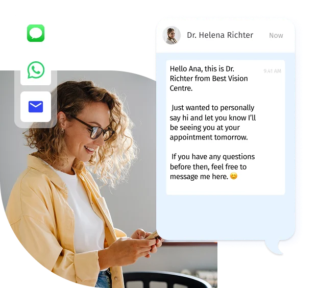 A clinician sending a personalized appointment message to a patient across SMS, WhatsApp and email.