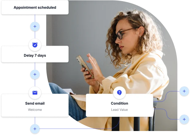 An automated patient-journey workflow: appointment scheduled, delay, welcome email and conditional branches.