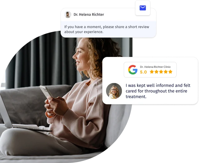 A patient leaving a five-star review after a connected, well-informed treatment experience.